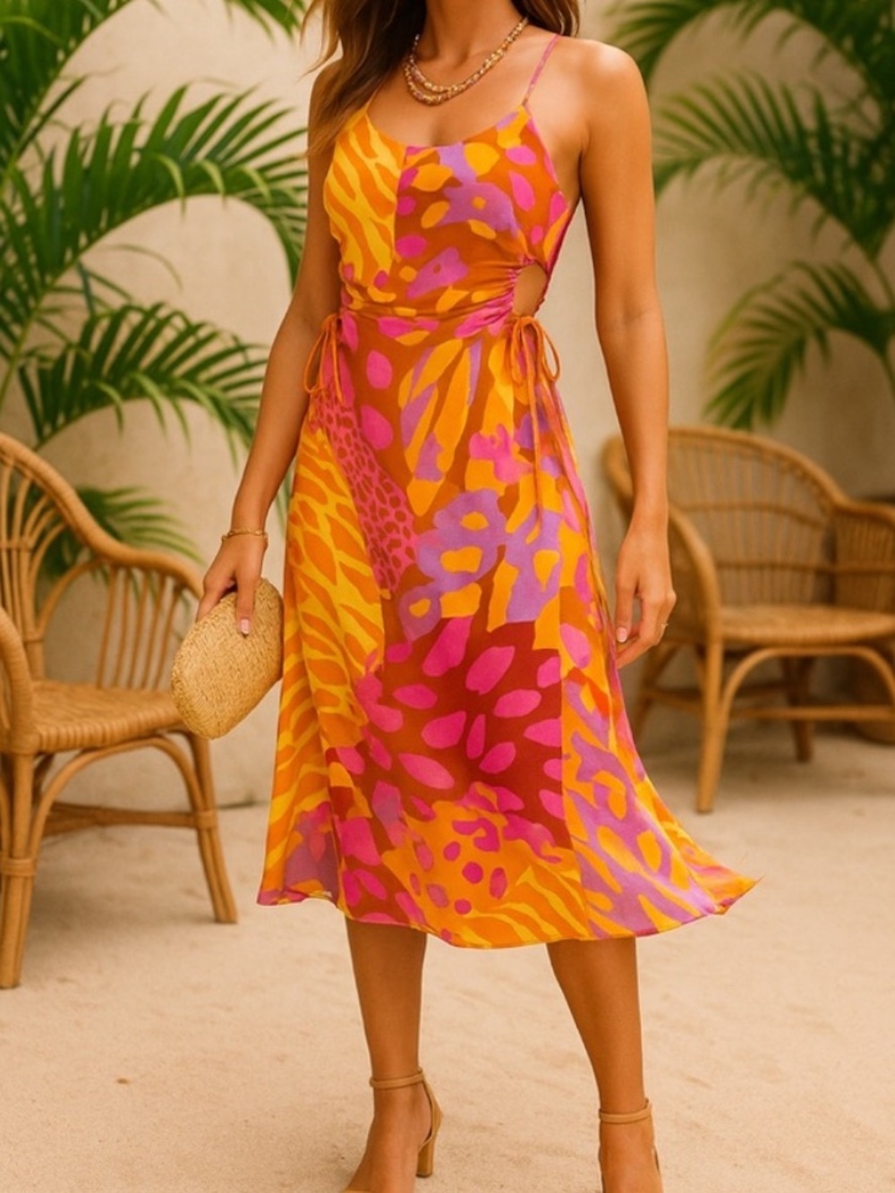 Christian Lacroix Sz XS Abstract Animal Print Cut-Out Midi Dress
